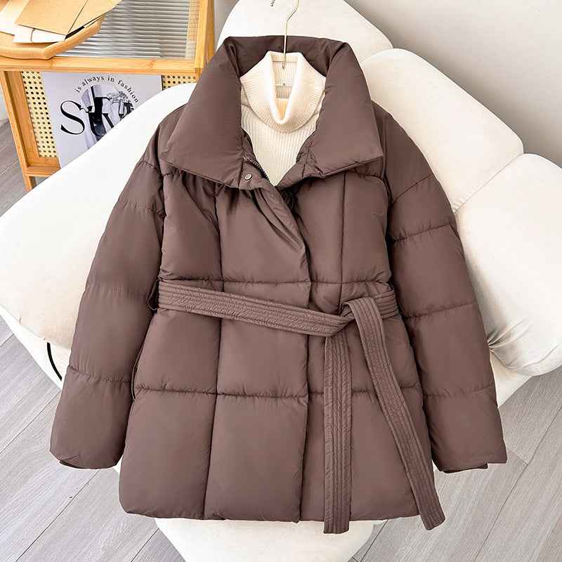 Winter Thick Stand Collar Women's Winter Puffer Jackets - Elegant Short Coats with Tie Waist for Ladies Streetwear