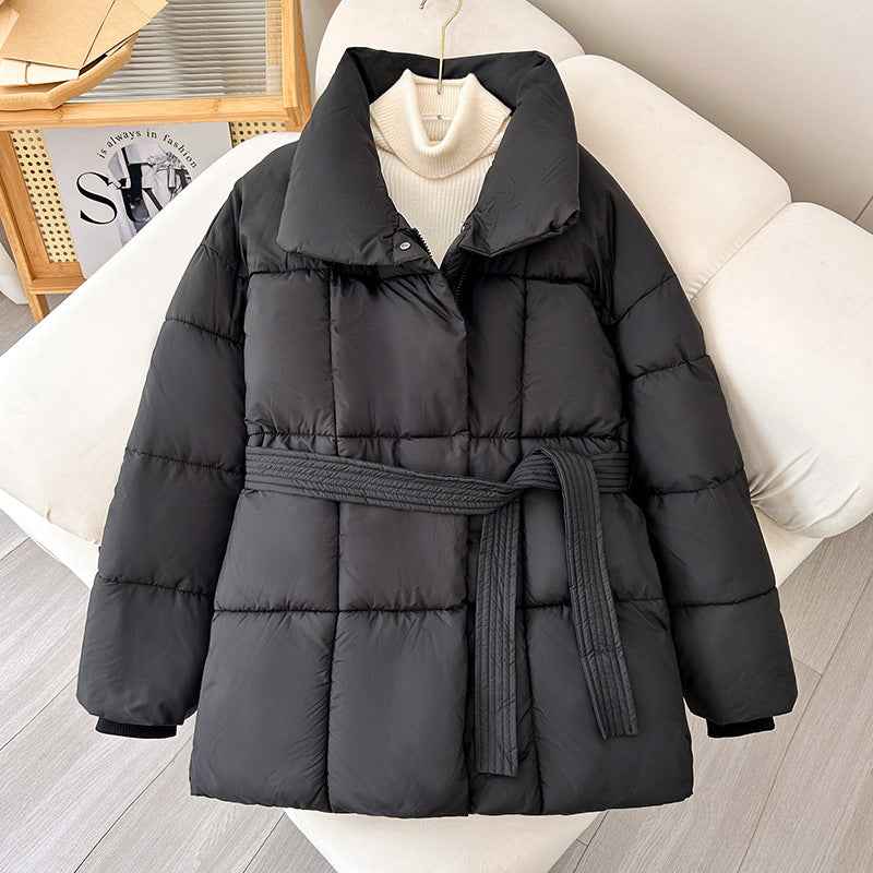 Winter Thick Stand Collar Women's Winter Puffer Jackets - Elegant Short Coats with Tie Waist for Ladies Streetwear