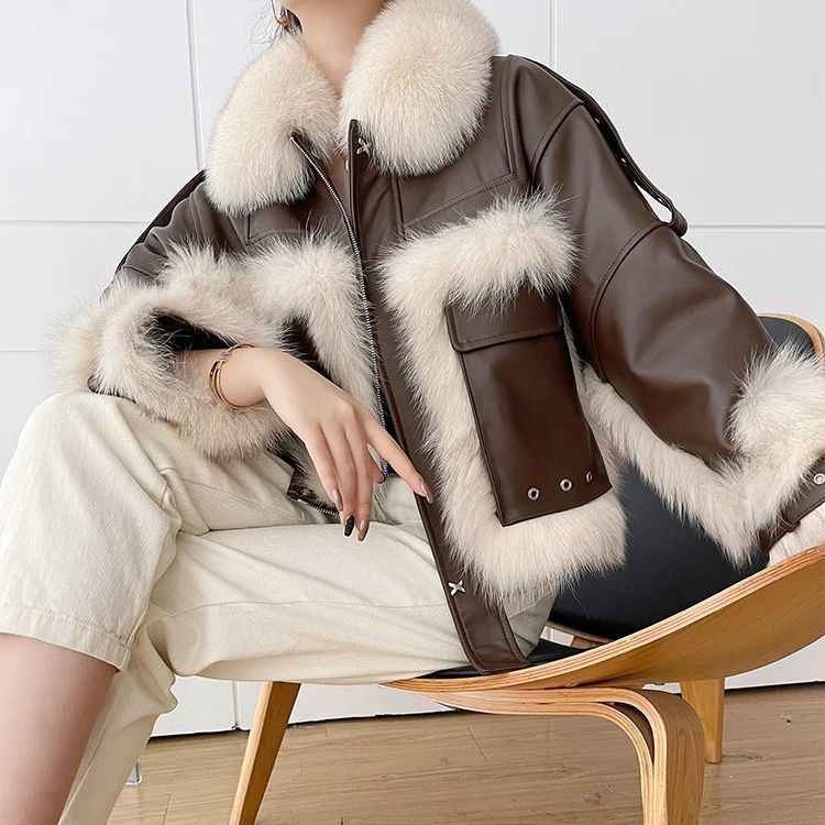 Sense Fox Fur Leather Coat with Elegant Stitching