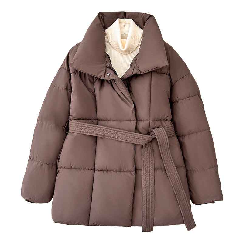 Winter Thick Stand Collar Women's Winter Puffer Jackets - Elegant Short Coats with Tie Waist for Ladies Streetwear