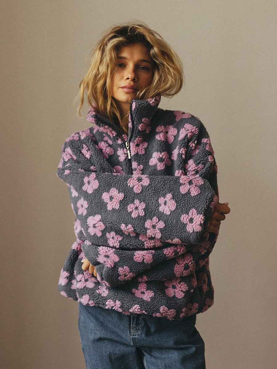 Women's Winter Floral Lambskin Sweatshirt - Zip-Up Pullover with Pocket