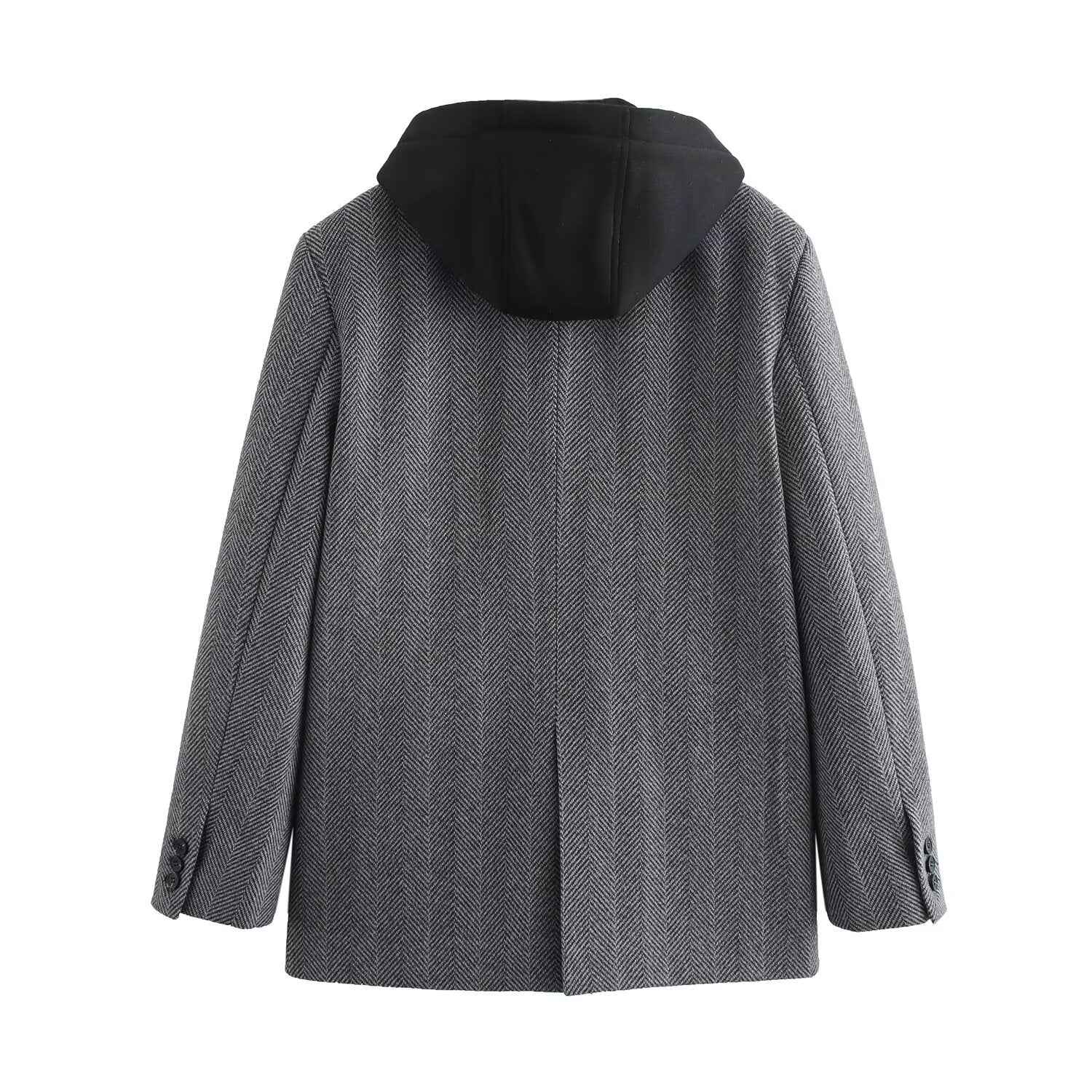 European and American Style Women's Hooded Patchwork Jacket with Herringbone Design